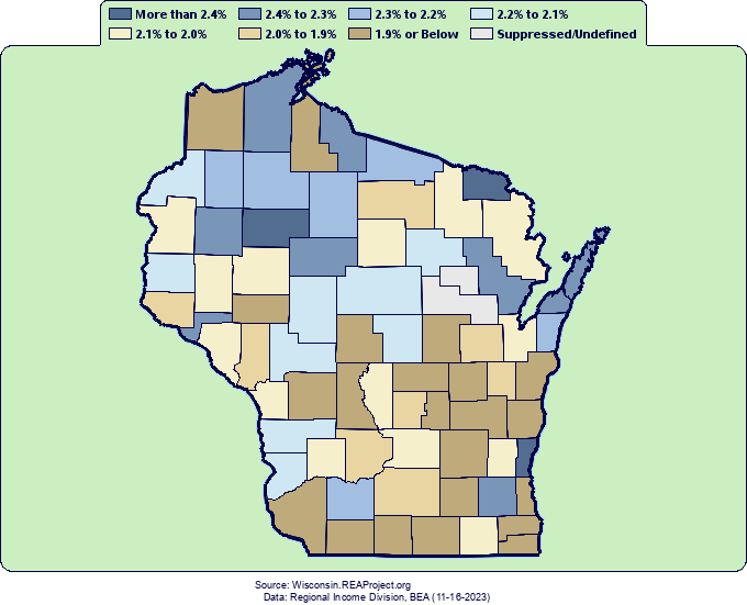 Wisconsin Real Per Capita Personal Growth by Decade
